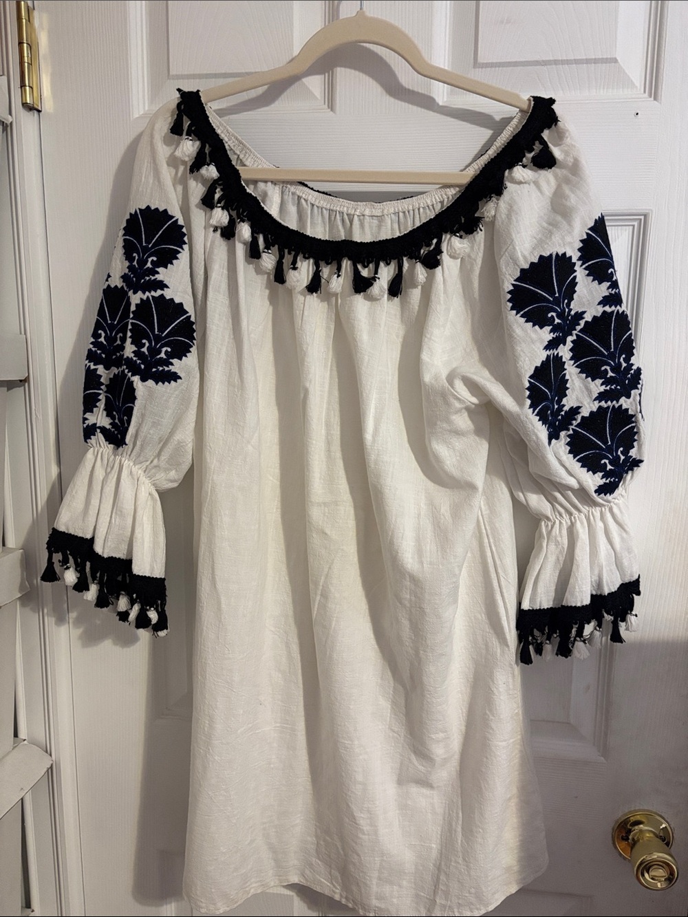 Off-Shoulder White Dress with Navy Embroidered Sleeves